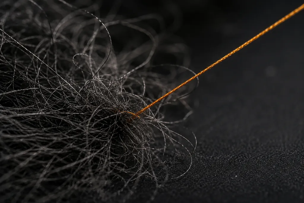 A single taut thread pulled clear of a dense tangle.
