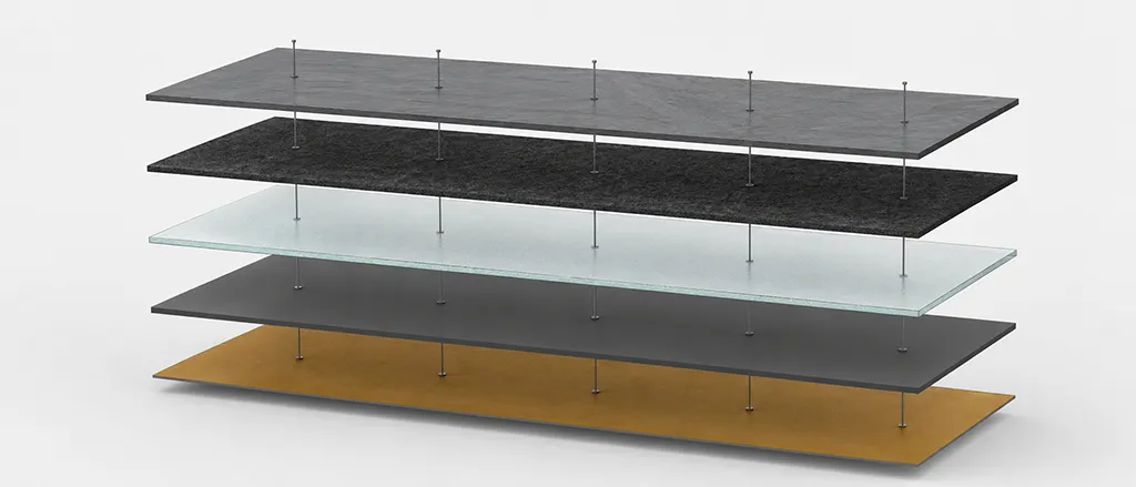Exploded technical view of five stacked layers connected by vertical lines.