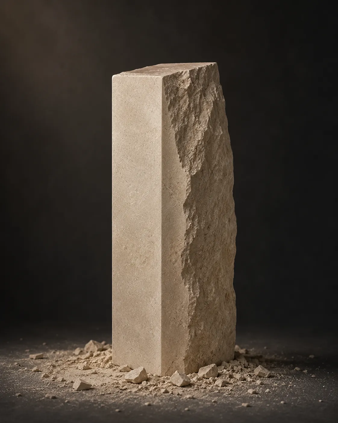 A stone block partly carved into a clean column, with removed material at its base.