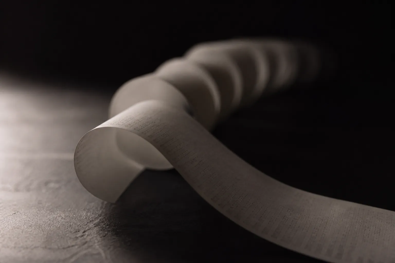 A long receipt curling away into shadow.
